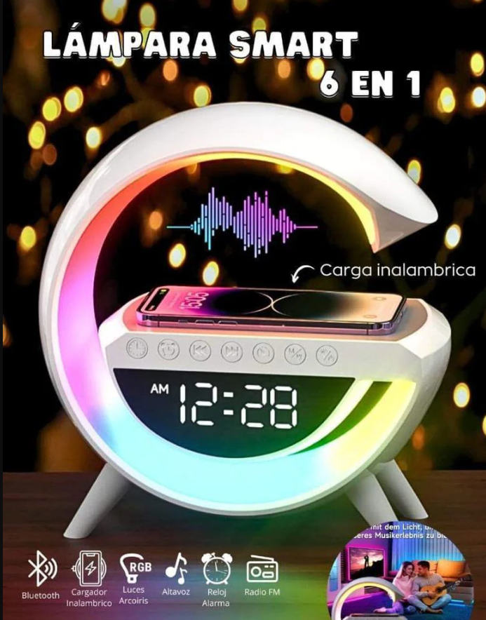 PARLANTE/LÁMPARA/RELOJ LED DISEÑO G - 6 EN 1